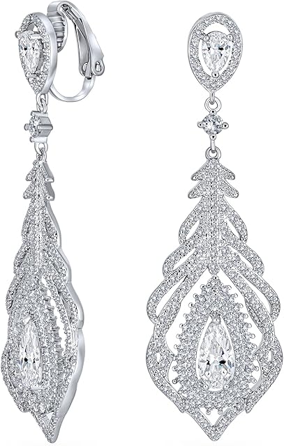 Vintage Bridal Art Deco Style Cubic Zirconia Halo Leaf Teardrop Long Statement CZ Chandelier Dangle Clip On Earrings For Women Prom Pageant Black or Silver Plated Brass