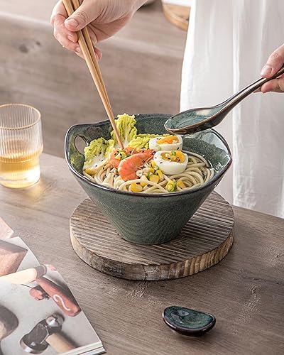 Miniatura 4 de UNICASA Juego de 2 cuencos japoneses para ramen con palillos, cucharas y reposos, 26 onzas, para fideos de porcelana profunda, para Udon, Pho,