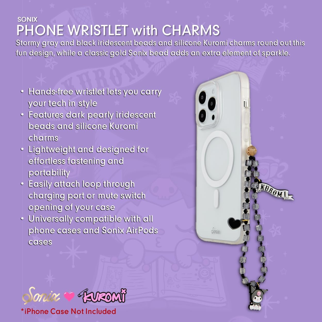 Sonix x Sanrio Case + Phone Wristlet with Charms (Kuromi) for iPhone 15 Pro | Hello Kitty and Friends Stickers