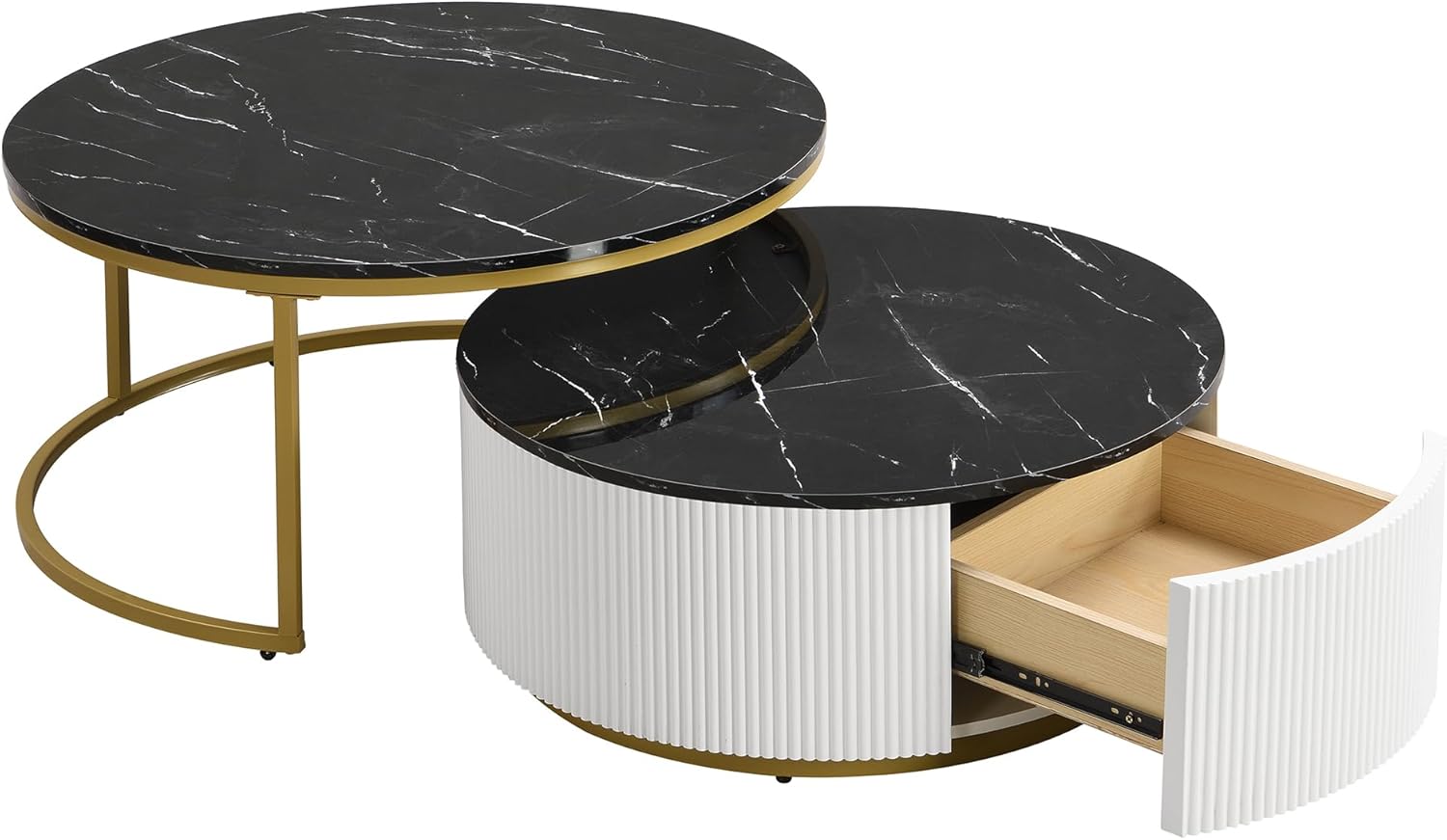 Ball & Cast Round Coffee Table Set of 2,Nesting Desk with Drawers,Smooth Durable Marble Tabletop and Fluted Design,Easy Care & Stain Resistance 31.5" for Bedroom,Living Room,Black & Gold