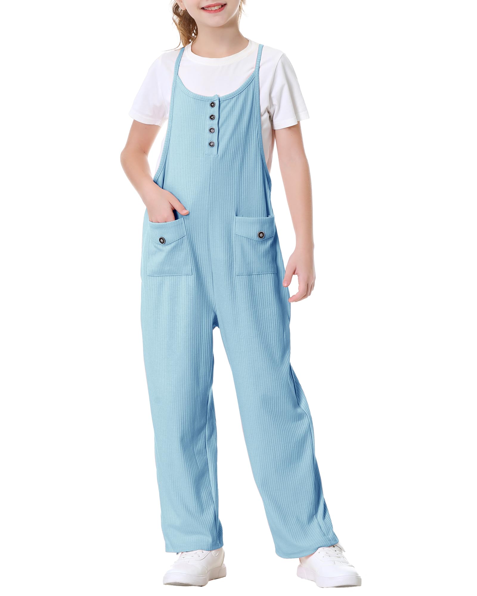 Rolanko Tute da Ragazza Salopette Senza Maniche Cinghie Regolabili Larghe Pagliaccetti Pantaloni Lunghi con Tasche per Bambini