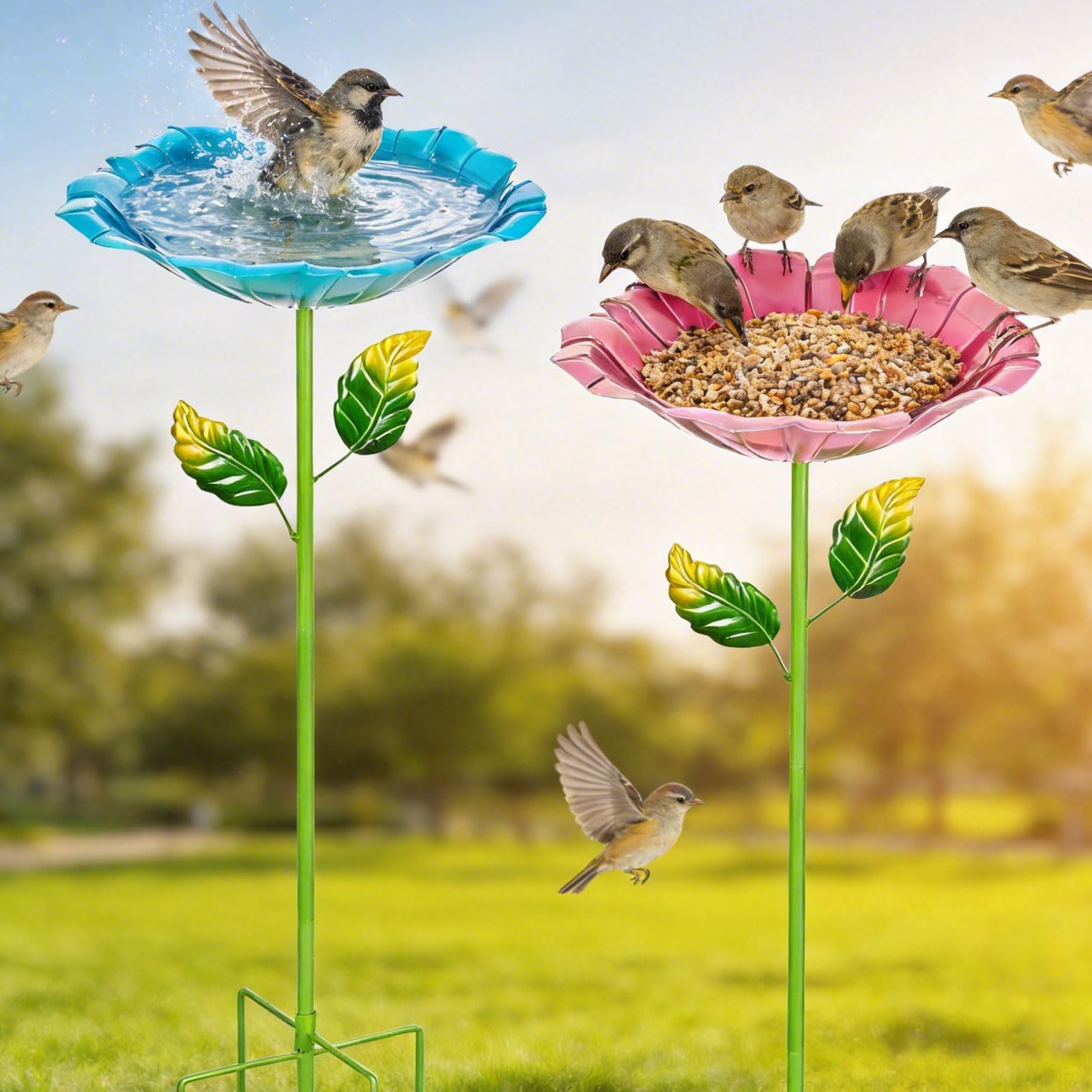 2stk Vogeltränke Stehend, 80cm Metall Blumen Vogeltränke Gartenstecker Mit 5 Bodennägeln, Voge-ltränke Winterfest Frostsicher Rostfreien, Futterstation Vögel Insektentränke Für Garten,Hinterhof(A)