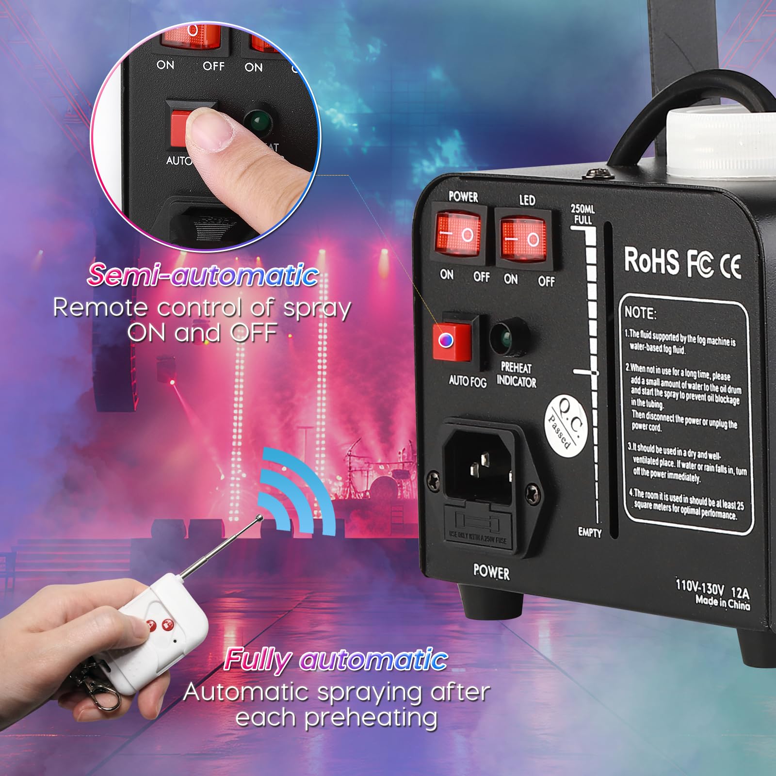 Fog Machine Auto Smoke LURT LED Light 500W Mini Wireless Remote Control Mode Portable for Parties Outdoor Halloween Wedding Stage Effect Indoor Disco and Disinfection 2500CFM Fuse Protection