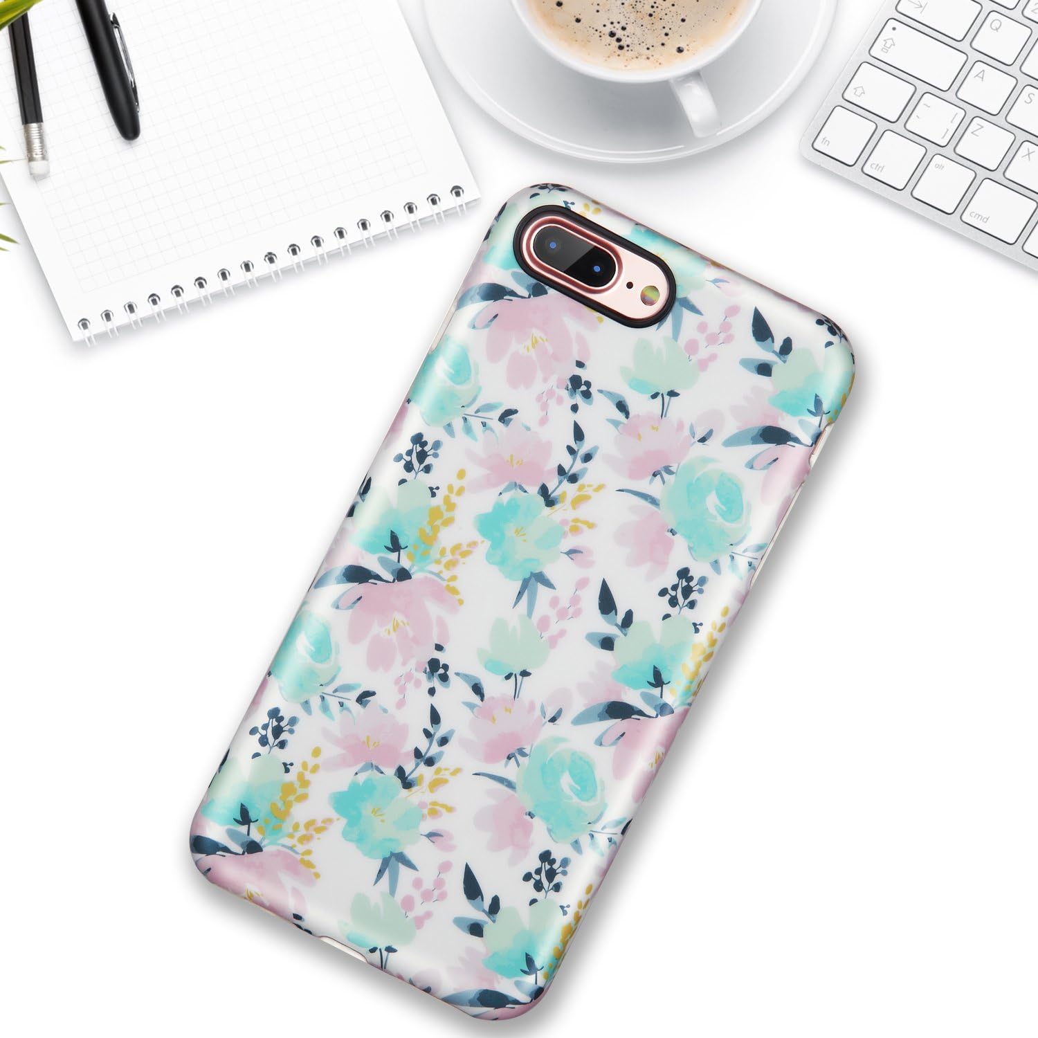 iPhone 7 Plus Case for Girls,iPhone 8 Plus Case,Pink Blue Florals Women Slim Fit Glossy TPU Cute Clear Bumper Soft Rubber Silicone Thin Protective Phone Case Cover for iPhone 7 Plus iPhone 8 Plus