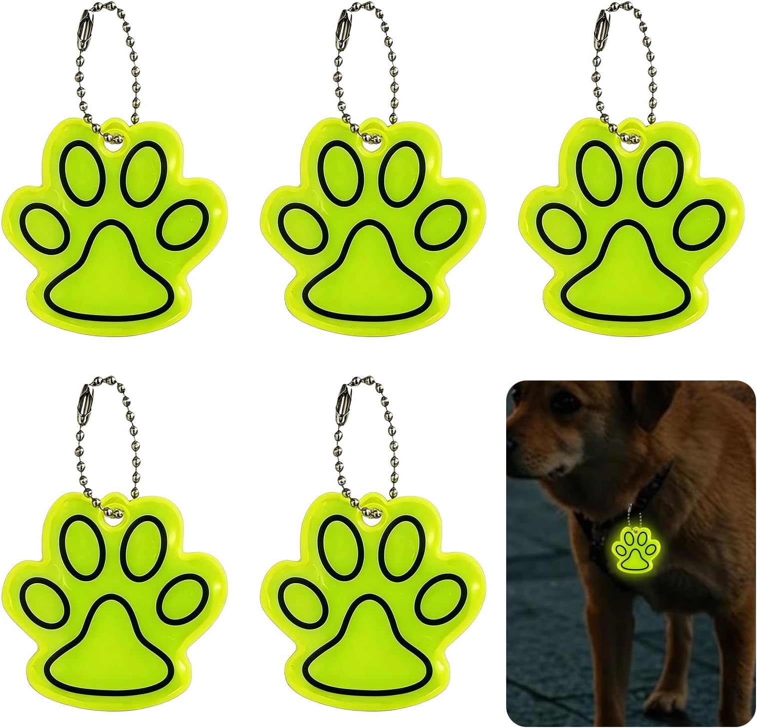 5Pcs Dog Paw Reflective Keychains – Glow in The Dark Pendant for Night Running and Biking – Safety Reflective Strips for Walking, Outdoor, Sports, Dog Walking Accessories