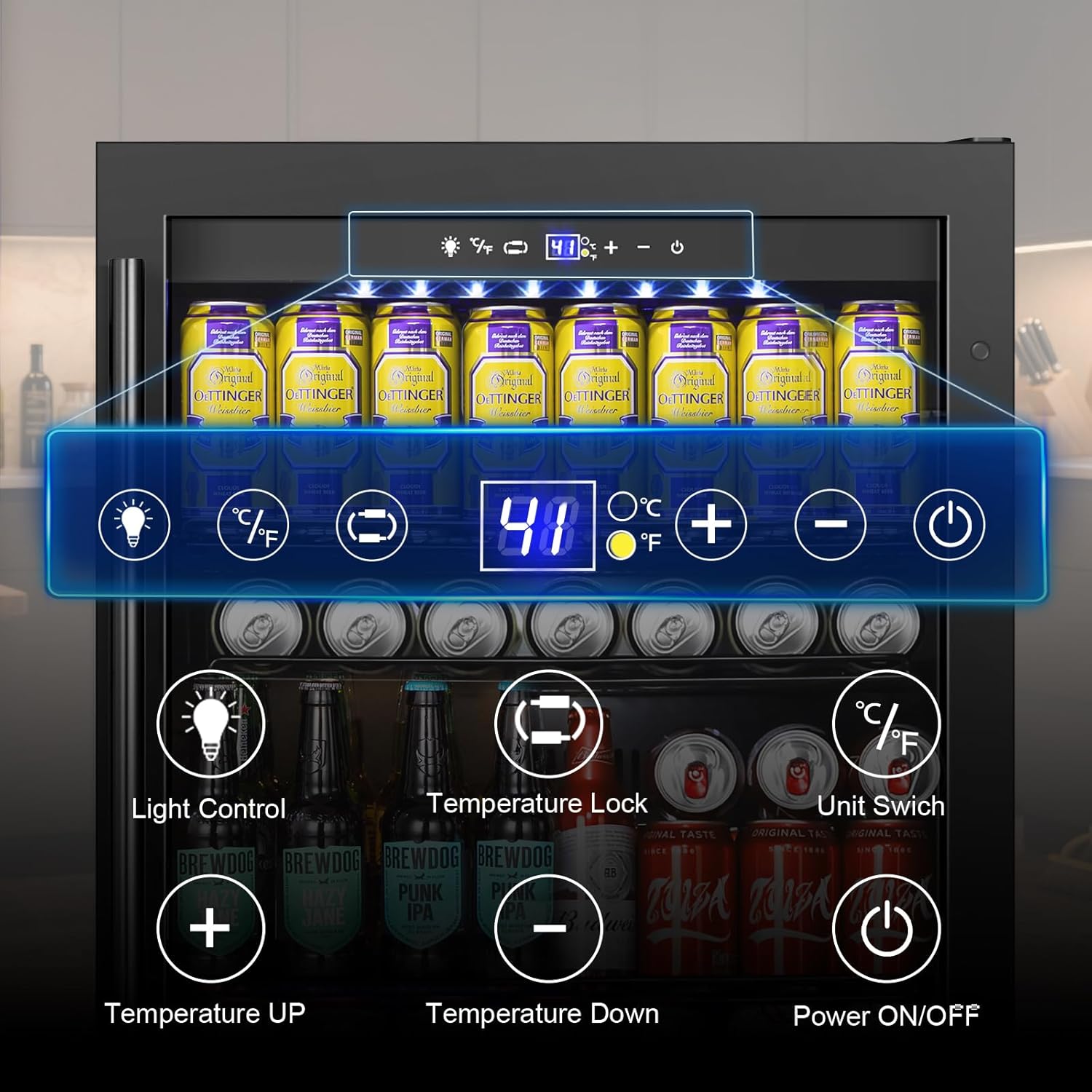 FoMup Beverage Refrigerator 24 Inch 200 Can Drink Fridge with Glass Door, Under Counter/Freestanding Beverage Cooler with Temperature Control, Reversible Door, Quick Cooling for Beer Soda Wine, Black