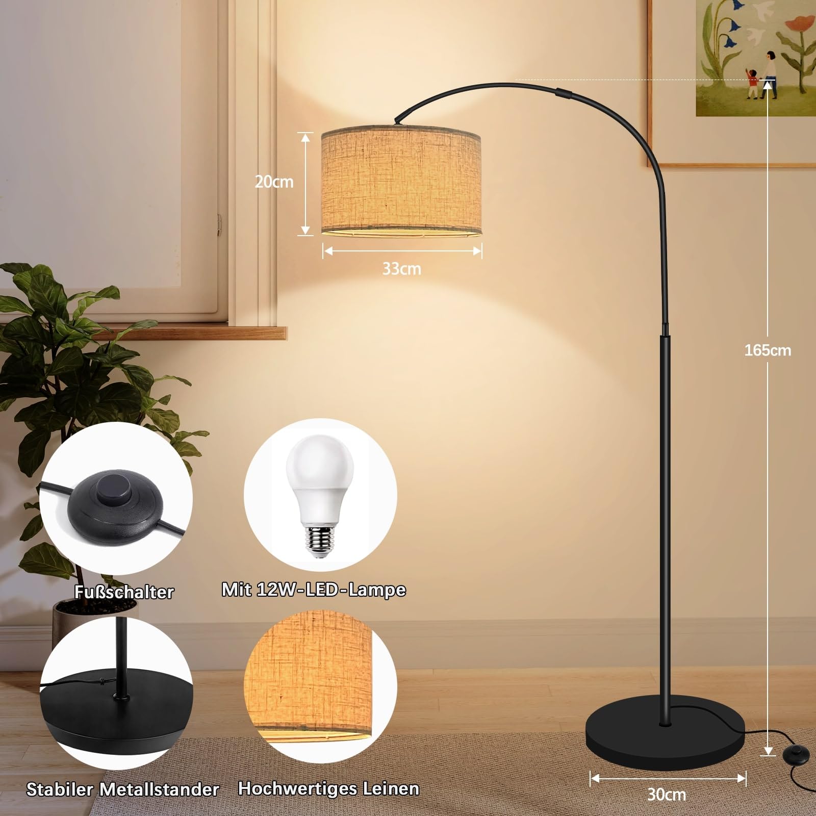 Yicenscoltd Bogenlampe Stehlampe Wohnzimmer– LED Stehlampe Dimmbar mit 3 Farbtemperaturen,12W E27 Glühbirne geliefert, Leinen Lampenschirm, Fußschalter – geeignet für Schlafzimmer, Lesen, Büro usw