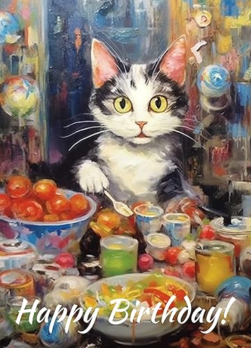 Miniatura 4 de PIXILUV Tarjeta de felicitación de feliz cumpleaños  Pequeño gato lindo comiendo en la mesa  Animales divertidos Deseos de cumpleaños saludos