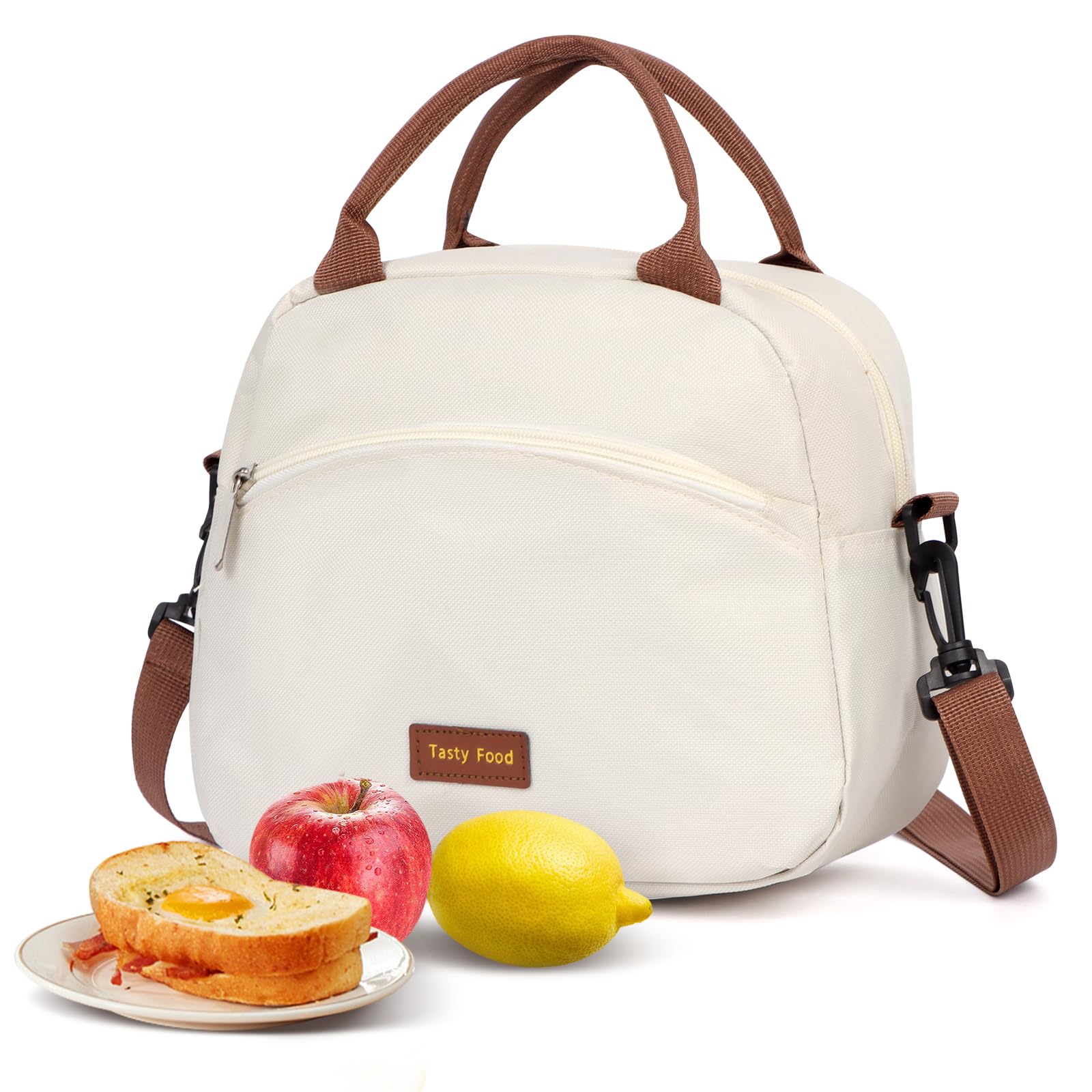 Minicoco Insulated Lunch Bag for Women Men,12L Large Leak-Proof Thermal Cooler Bag with Adjustable Shoulder Strap and Front Pocket, Wear-Resistant Lunch Box Tote for Work School Travel (Beige)