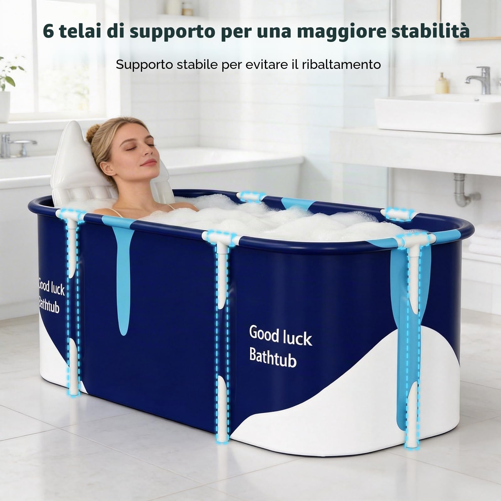 Vasca da bagno pieghevole termoisolante 5 strati con cuscino e schienale | Ampio spazio interno, telaio stabile, doppio scarico, poco ingombro per bagni piccoli
