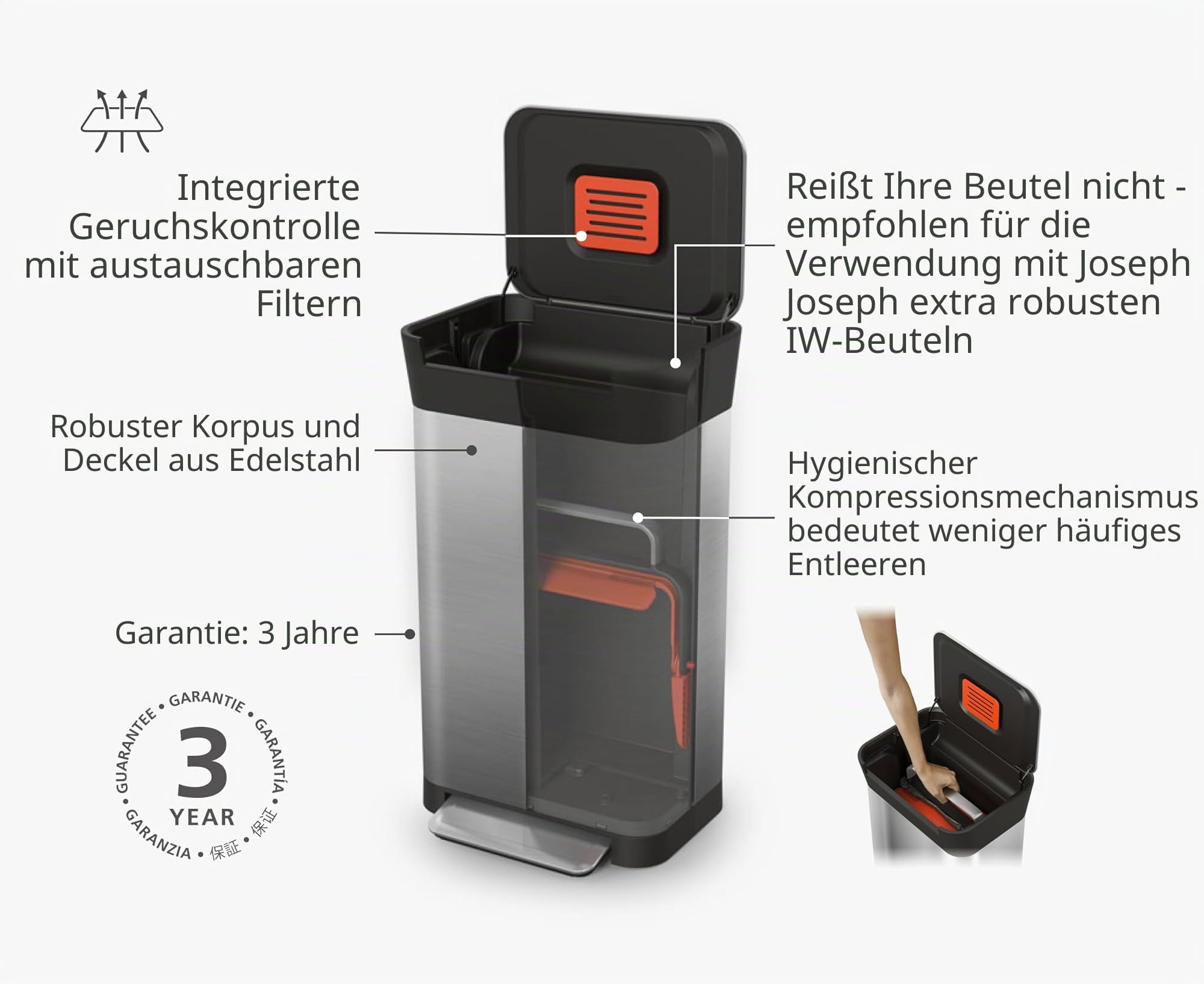 Joseph Joseph Intelligent Waste Titan Müllkompressor, Küchenabfalleimer mit Geruchsfilter, fasst nach der Verdichtung bis zu 90 l, Edelstahl, 30 l