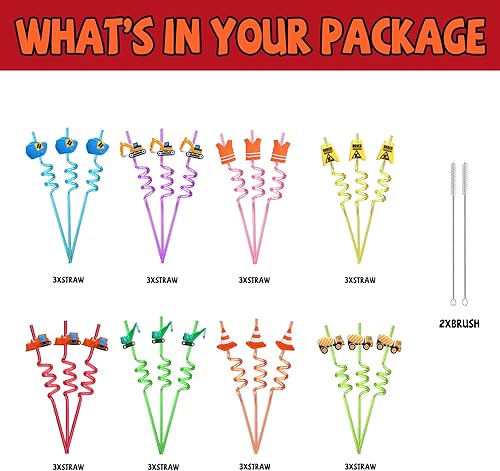 Miniatura 3 de 24 pajitas de construcción reutilizables, excavadora, excavadora, licuadora, camión, bebidas de plástico, pajita de cóctel con decoración de dibujos