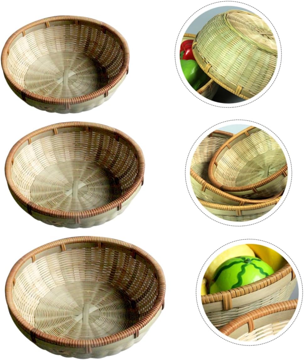 Mikinona 3pcs Bamboo Storage Baskets Set Multi-functional Drainer Baskets for Kitchen for Fruits Vegetables Snacks and Bread Organization Green