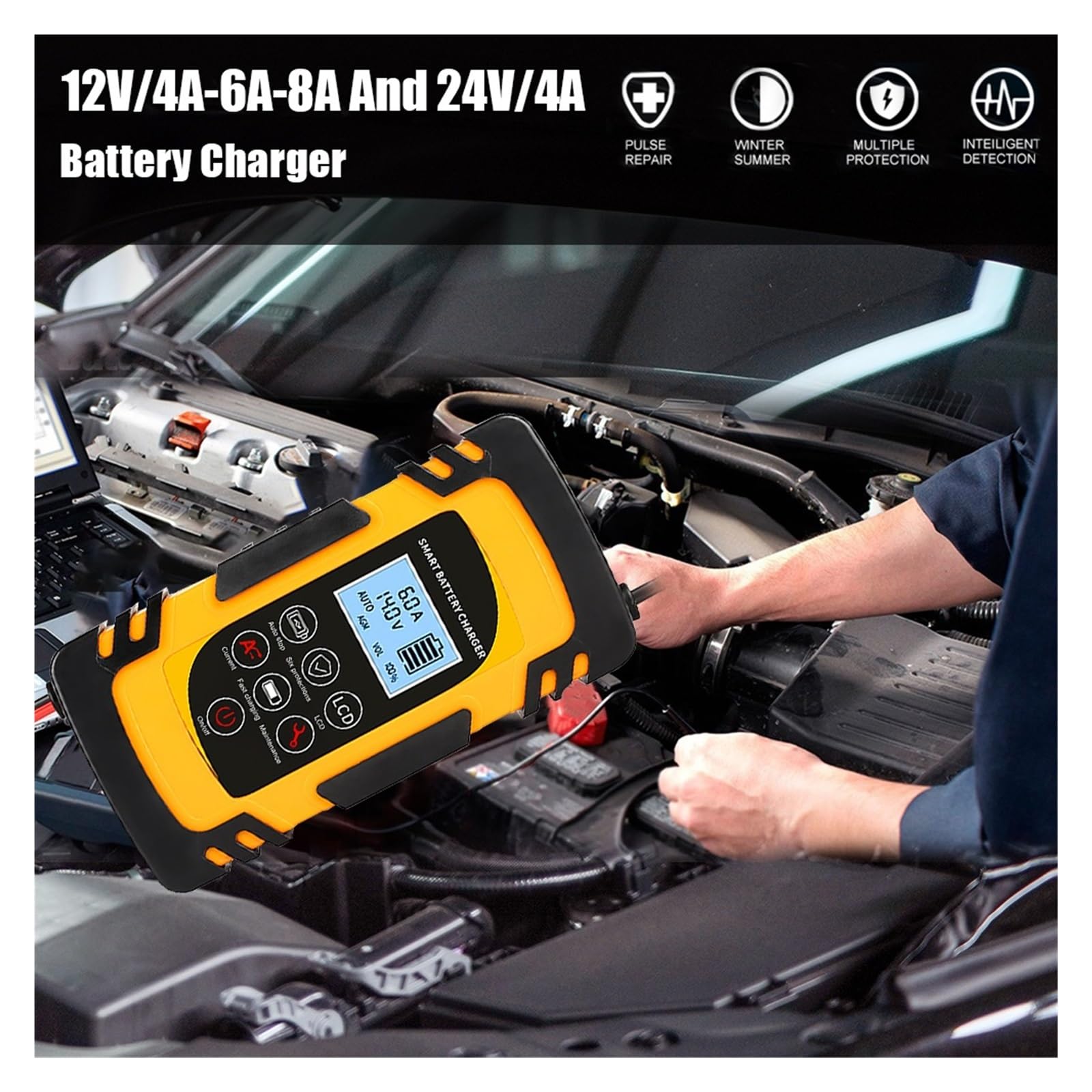 Cargador de batería Coche automático Completo 12V/4A 6A 8A y 24V/4A Carga rápida Inteligente Pantalla LCD Digital ácido Plomo seco húmedo Carga De PrecisióN(Yellow)