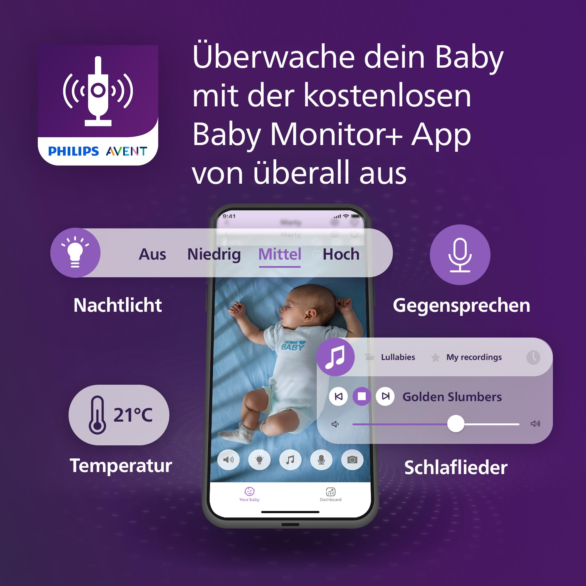 Philips AVENT SCD951/26 Connected Babyphone mit Kamera und WLAN, HD-Kamera, Infrarot-Nachtsicht, Schrei-Erkennung, Gegensprechfunktion