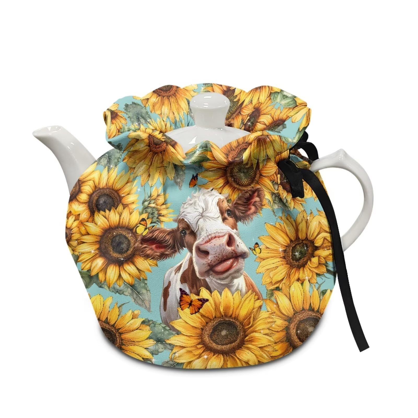 Poceacles Sunflower Funny Cow Tea Cozy, Teapot Cozies Dust Proof Insulated Teapot Cover Keep Warm Home Kitchen Table Decorative Accessories Kettle Quilt for Hotel Restaurant Tea Party