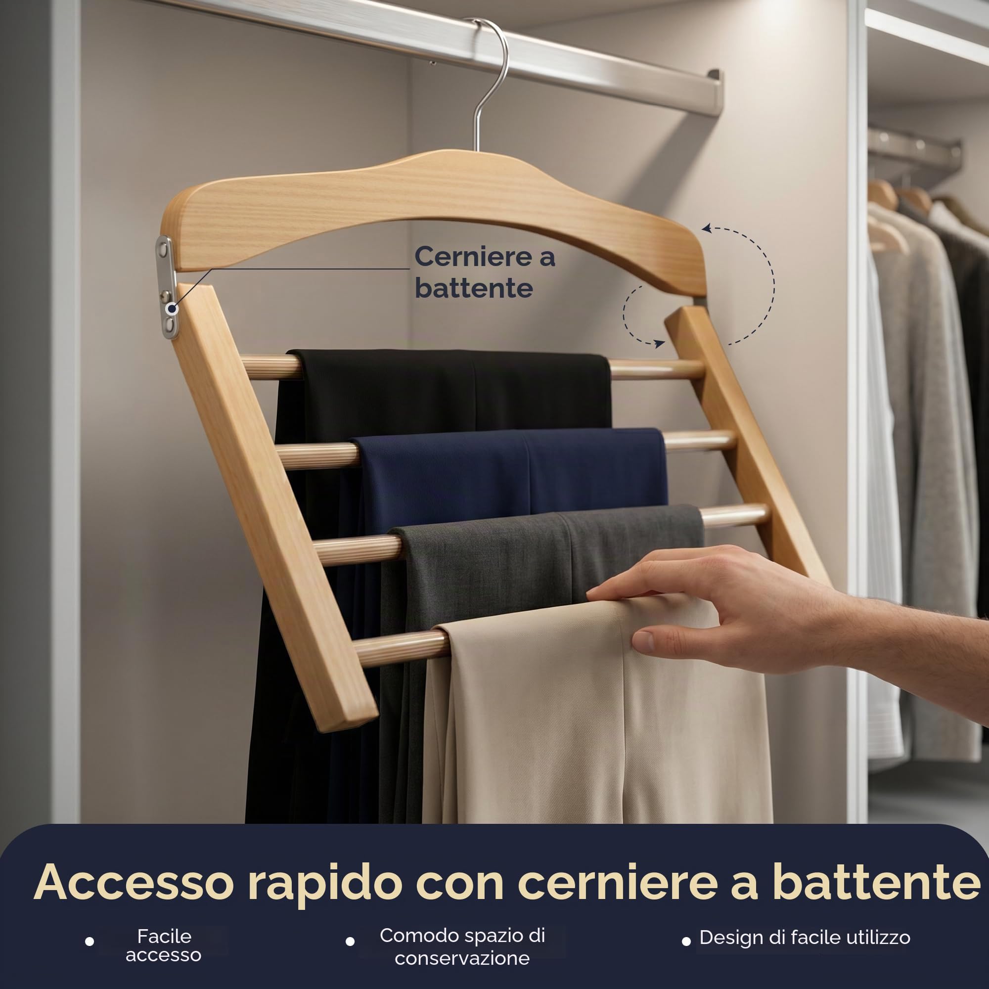 Hangerworld Confezione da 3 grucce in legno per pantaloni, multifunzionali, a 4 ripiani, con barre antiscivolo