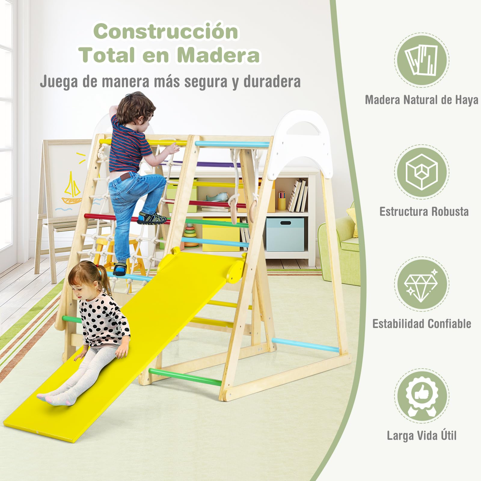 COSTWAY 6 en 1 Triángulo de Escalada Infantil, Parque Infantil Interior para Niños, Conjunto de Juguetes de Escalada de Madera con Tobogán, Gimnasio de Interior para Niños de 1+ Año (Multicolor)