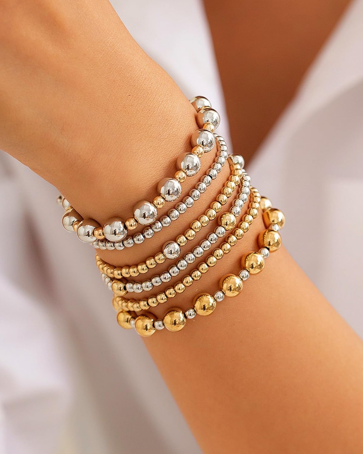 6 Pcs Two Tone Bracelets for Women Stackable Gold and Silver Beaded Bracelets Trendy Mixed Metal Beads Brace-lets Wedding Party Prom Daily Jewelry Gifts - Image 2