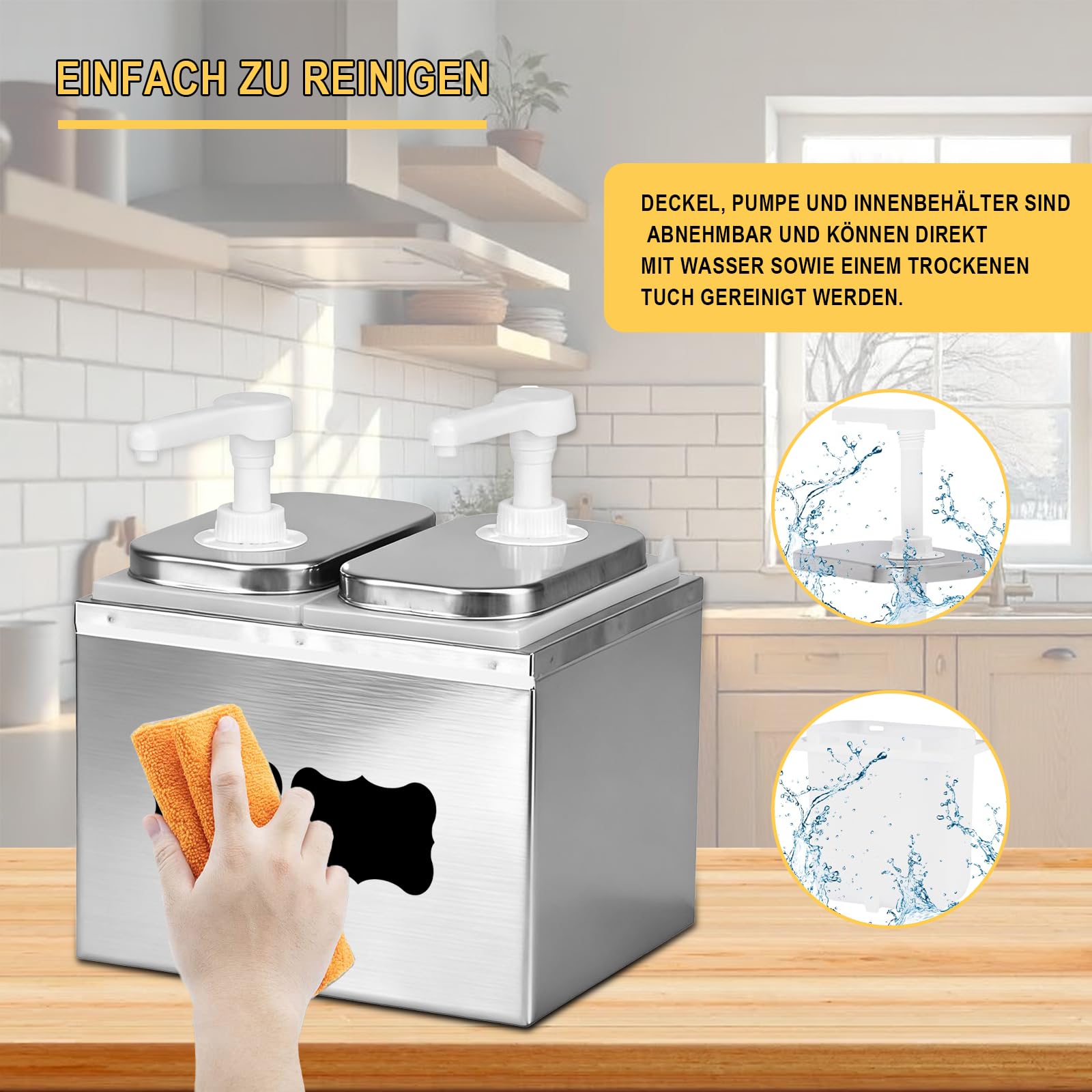 Distributore per ketchup da 5 l, con 2 pompe, 4 etichette, rimovibili, girevoli, in acciaio inox, per cucina e ristorante, ketchup, condimento per insalata, mayo, miele, salsa di soia e aceto