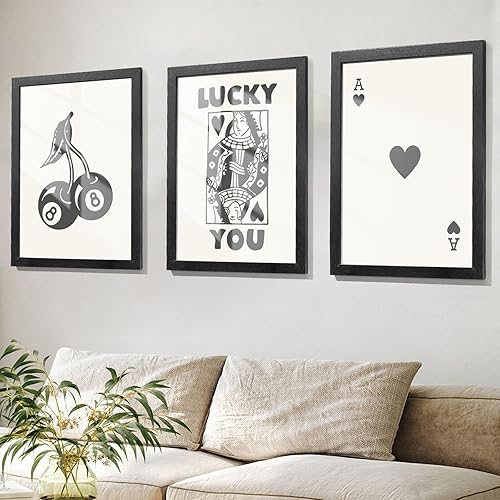 Miniatura 7 de Juego de 3 pósteres enmarcados de póquer para pared, 12 x 16 pulgadas, impresión de reina de corazones, decoración retro Lucky You para sala de
