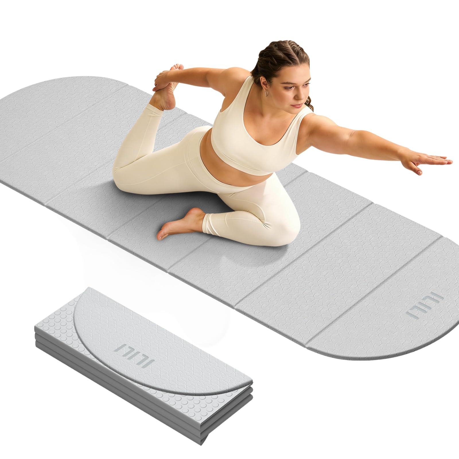 ILILI Esterilla de yoga plegable, semicircular, 10 mm de grosor, material TPE, extralarga de 75 pulgadas de largo x 26 pulgadas de ancho, suave y cómoda, plegable, ovalada, fácil de transportar y