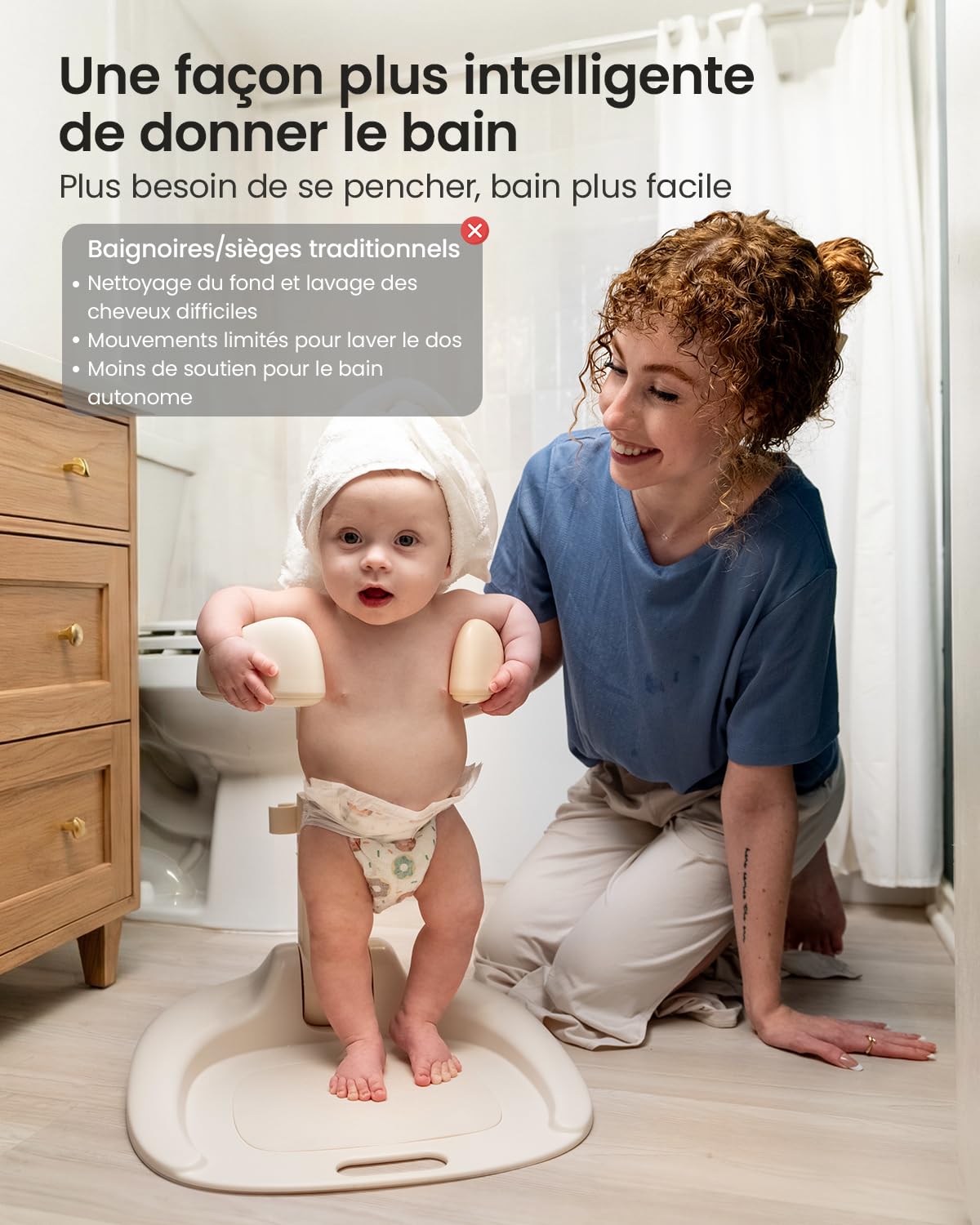 Grownsy Support Baignoire Bébé dès 6 Mois, Support Douche Bébé Debout Pliable et Réglable avec Base Antidérapante pour Bébés et Jeunes Enfants