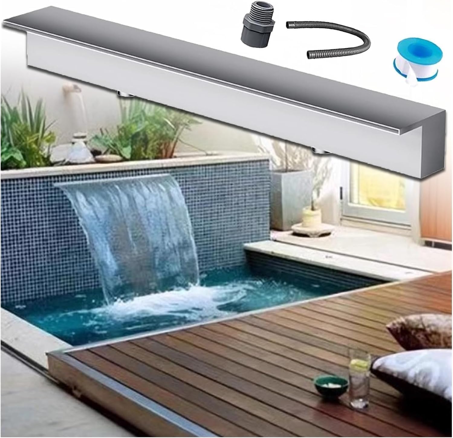 Fontana in acciaio inox per piscina con beccuccio, spruzzatore a cascata da 86,4 cm, con raccordi per stagno, patio e decorazione della terrazza