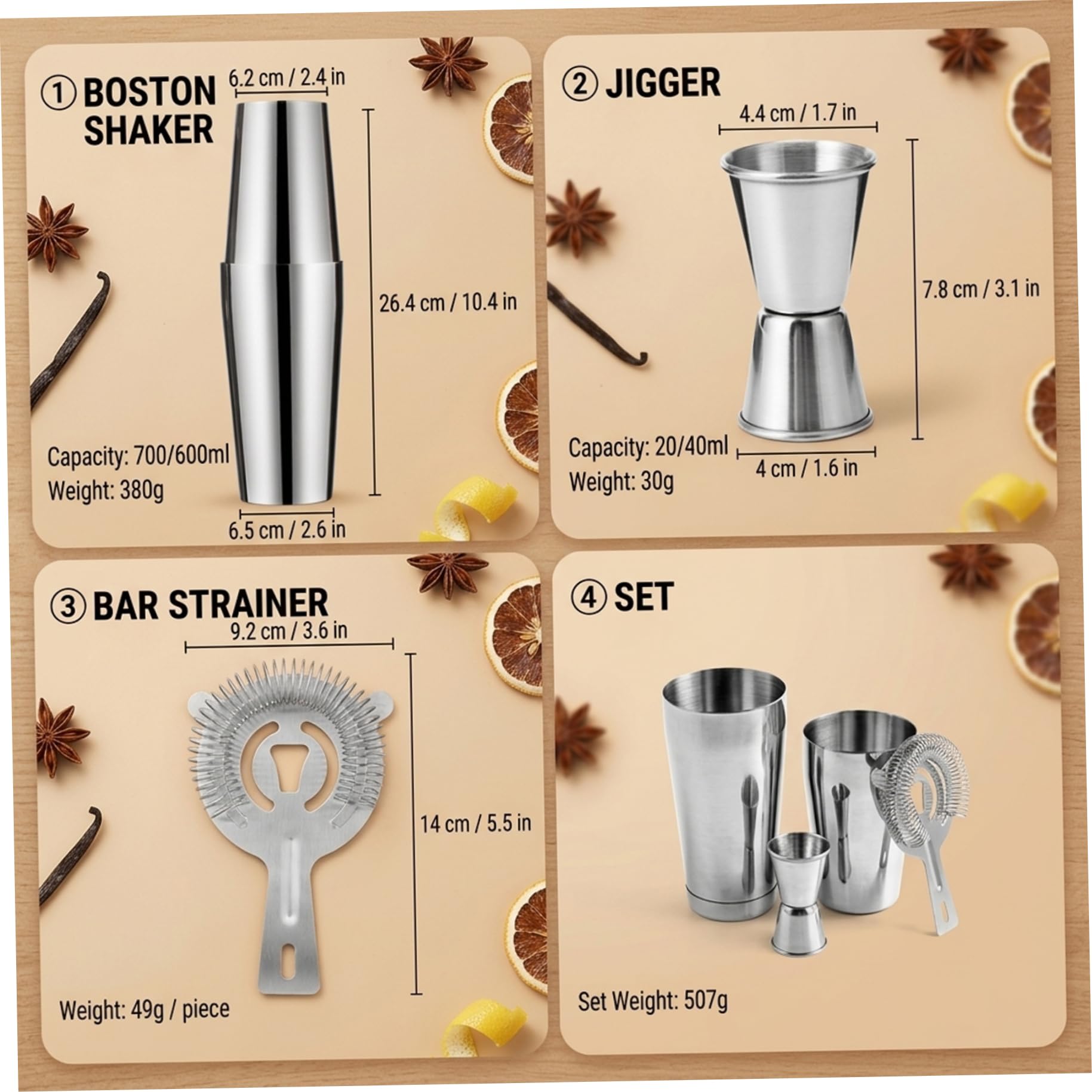 Juego de coctelera para Martinis de 10 Piezas Juego de coctelera de Acero Inoxidable de 750 ml con Soporte de Madera Profesional para Bares domésticos.
