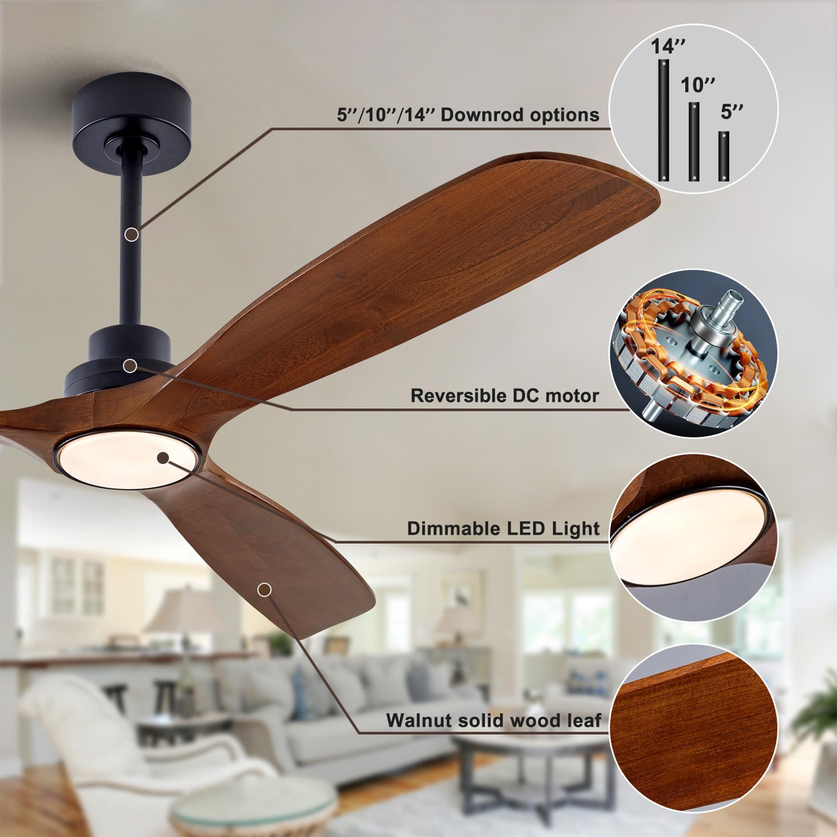 QUTWOB 60" Wood Ceiling Fan with Lights Remote Control,Quiet DC Motor 3 Blade Ceiling Fans for Patio Living Room, Bedroom, Office,Indoor Outdoor(Black+Dark Walnut)