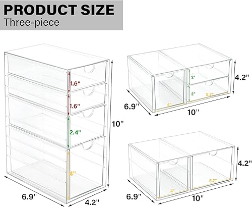 Miniatura 3 de Prsildan Organizador de maquillaje de acrílico con 9 cajones, juego de 3 organizadores de escritorio de oficina, cajones de almacenamiento apilables