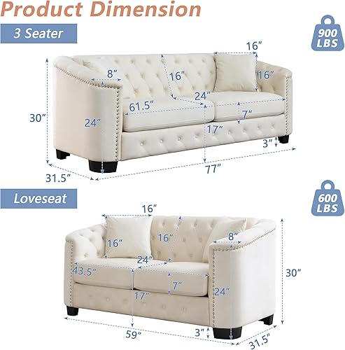 Miniatura 2 de mikibama Juego de sofá de terciopelo Chesterfield de lujo de 2 piezas para sala de estar, muebles de decoración moderna, sofá seccional, 3 plazas y