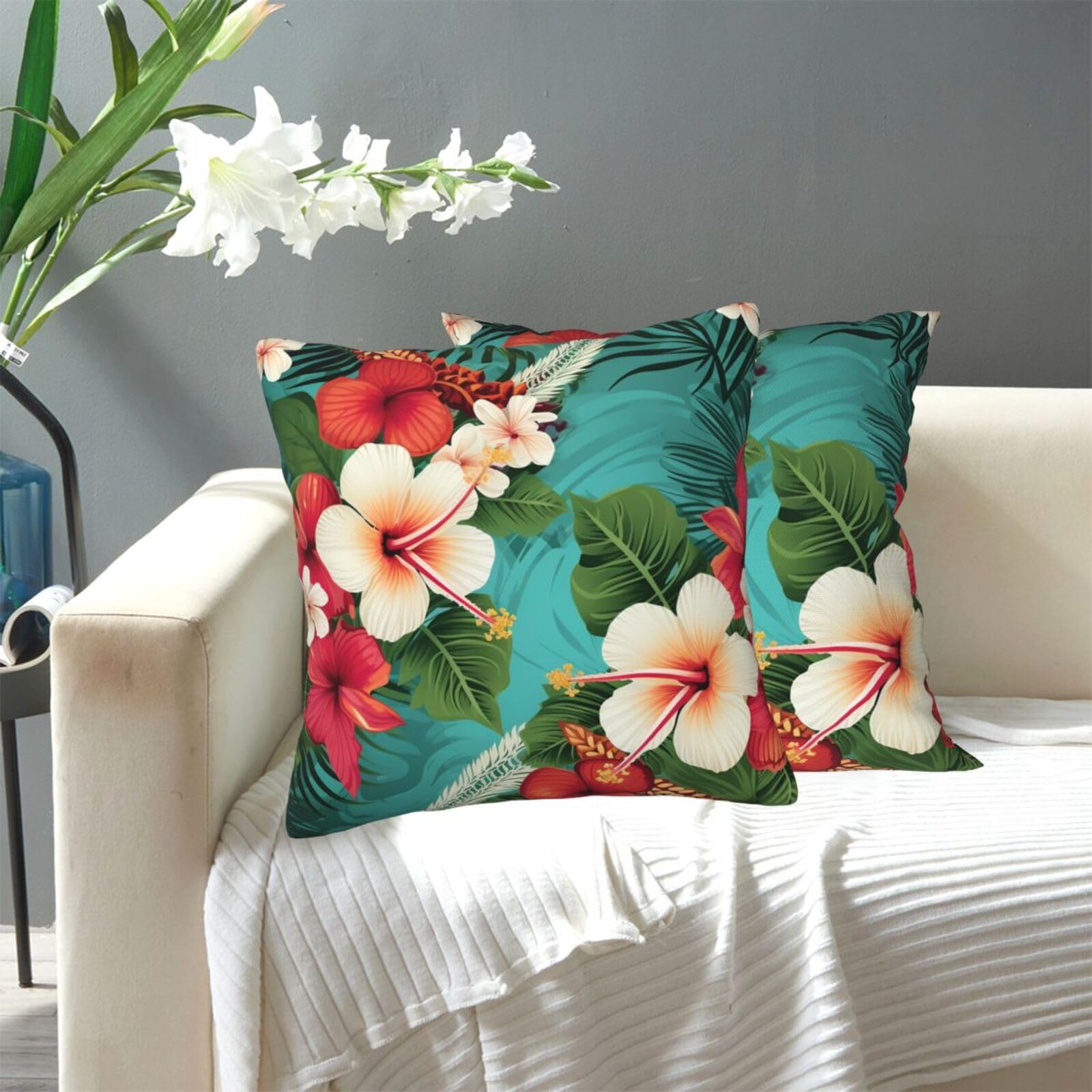 FekiLoot Decorative Throw Pillow Covers Modern Farmhouse Pillowcase Double Sided Cozy Cushion Cover for Sofa Couch Bed 20"X20" Hawaiian Flowers On Green Background