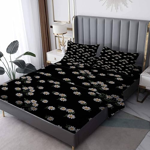 zcsm Sábanas de margaritas tamaño King Sábanas de cama florales microfibra suave bolsillo profundo y sábanas y fundas de almohada con patrón sin