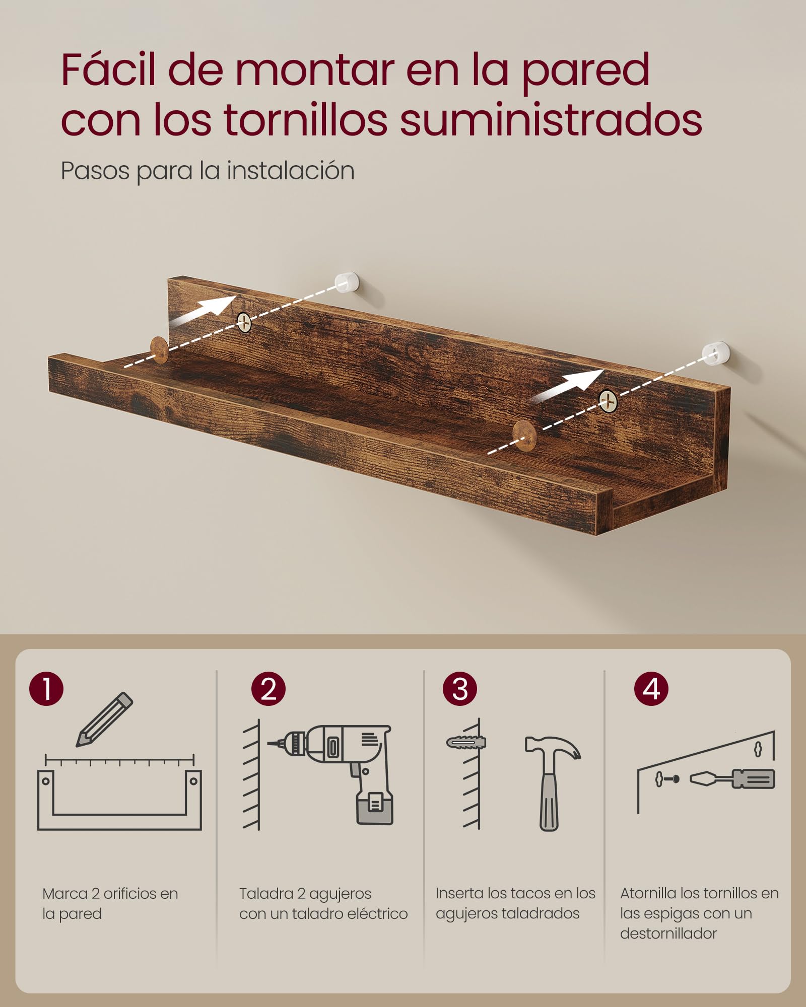 VASAGLE Custos Colección - Juego de 3 Estantes Murales, Estanterías de Pared de Madera para Marcos de Fotos y Libros, Estilo Moderno, para Baño, Cocina y Sala de Estar, Marrón Rústico LWS037X01