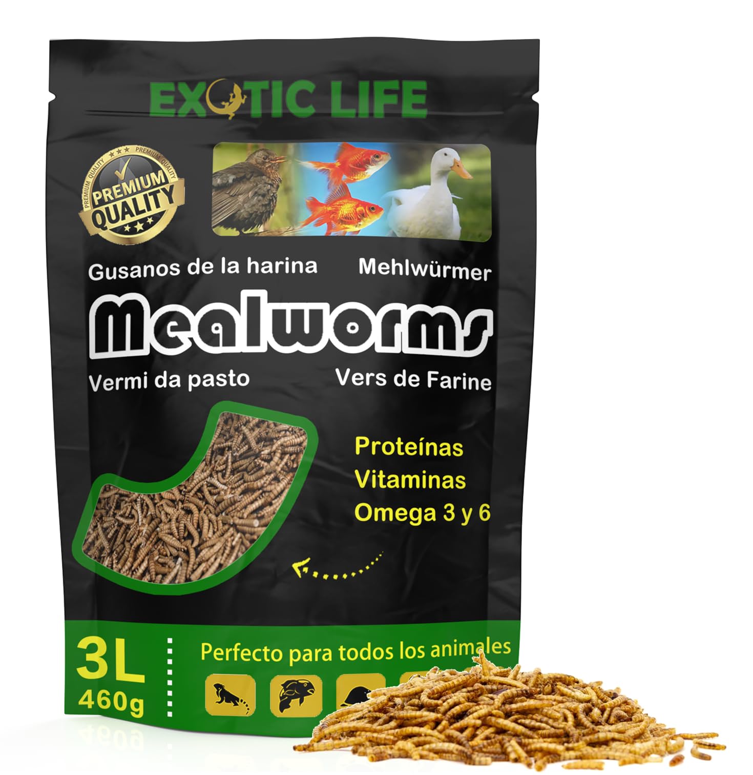 EXOTIC LIFE Gusanos de la Harina Deshidratados 3L - Comida para Pájaros Exterior - para Hámster, Gallinas, Erizos, Peces y Reptiles – Tenebrios - 460 g