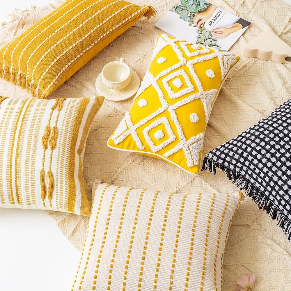 Skandynawski żółty pasek szydełkowy poszewka na poduszkę geometryczne pikowane frędzle poszewki na poduszki sofa dekoracja domu(E,45X45 Cushion cover)