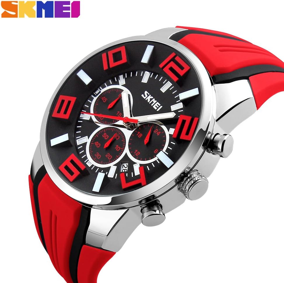 SKMEI 9128 Top Luxury Brand Quartz Watches Men Fashion Casual Wristwatches Waterproof Sport Watch Relogio Masculino (red)