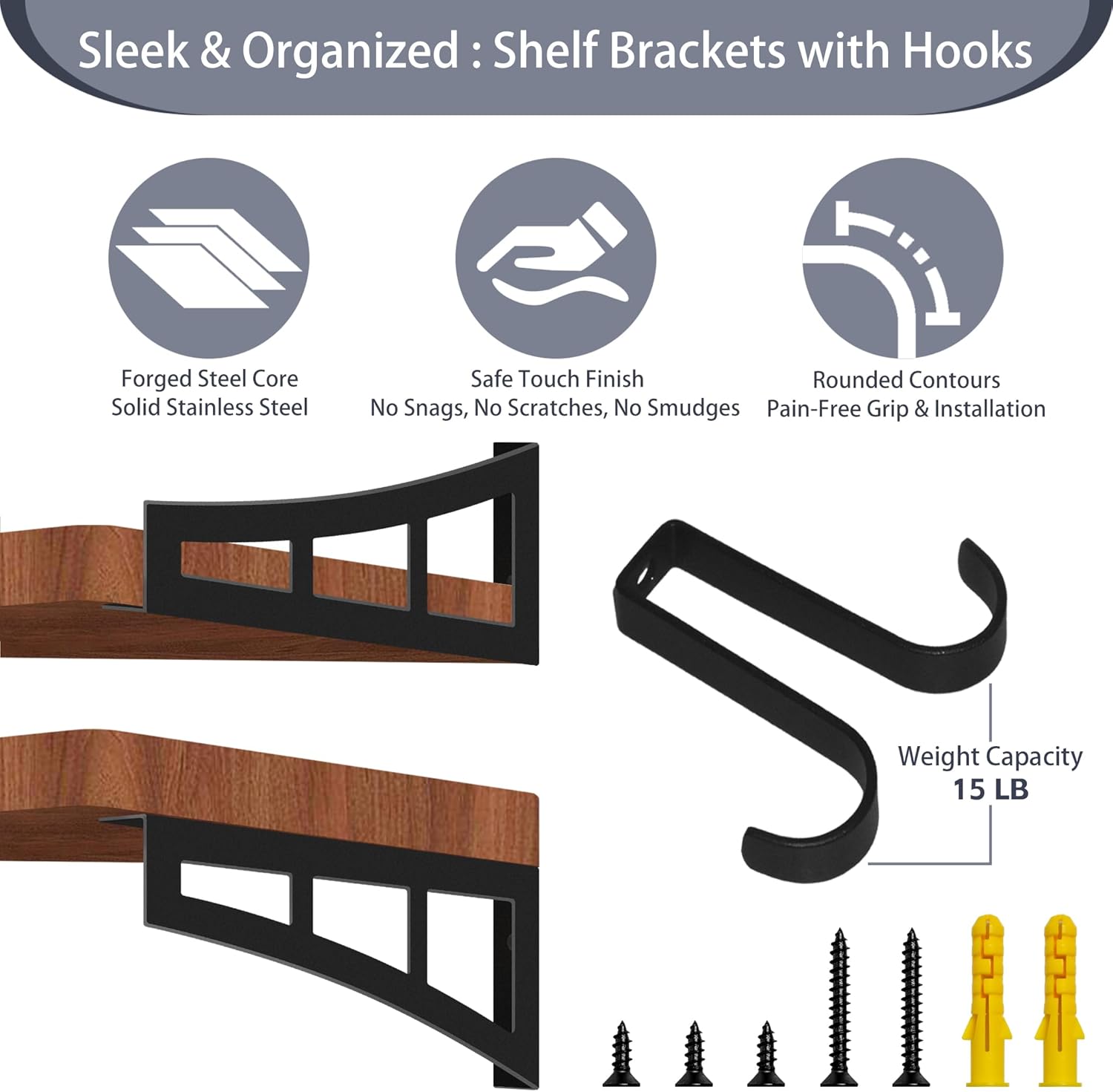 SOGAL Shelf Brackets 8 inch, Heavy Duty Floating Shelf Brackets with Utility Hooks Included, 4 Pack