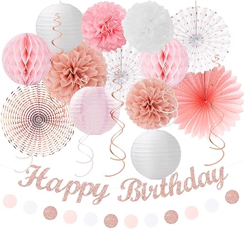 Miniatura 14 de Decoraciones de fiesta de cumpleaños verde salvia-rosa rubor-beige - 21 piezas pancarta Happy, faroles de papel crema rosa polvoriento claro, Verde