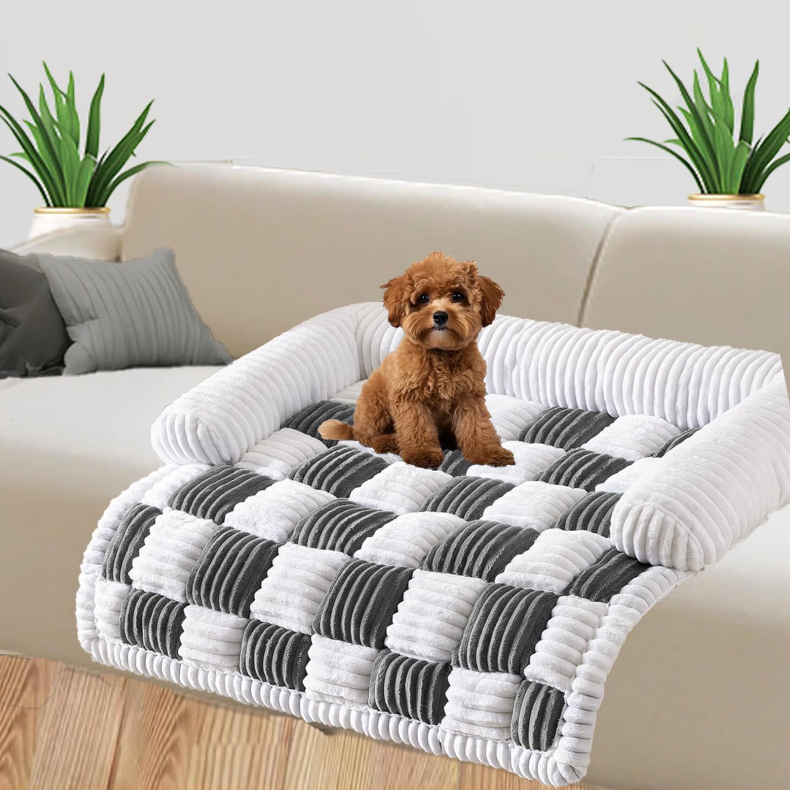 Tapis de canapé antidérapant en peluche douce haut de gamme VINGVO à motif carreaux