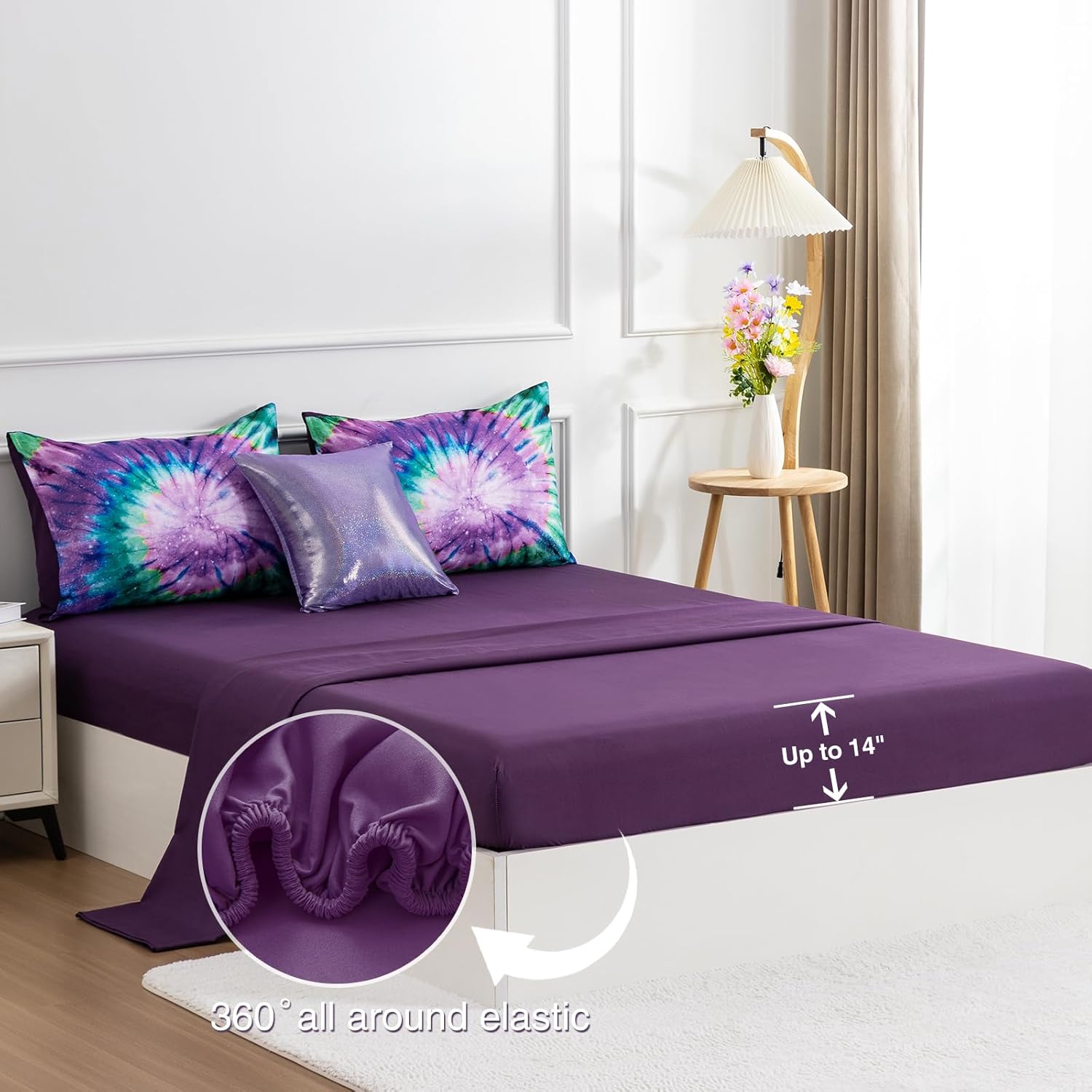 A Nice Night 6Pcs Bed in a Bag Bedding Set Tie Dye Galaxy Children Comforter Set, Psychedelic Swirl Pattern Colorful Boho, BoysGirls Quilt Sets,Purple,Twin