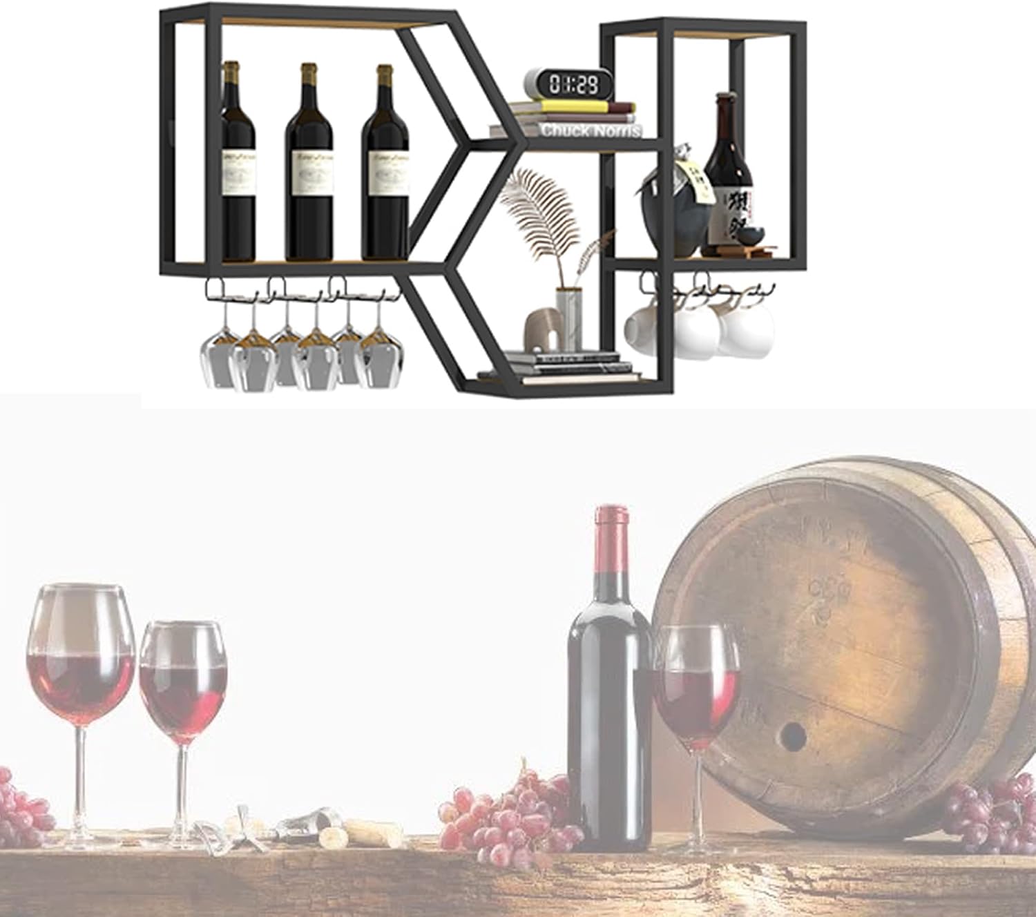 Wall Wine Rack Bar Shelves Wall Mounted for Liquor Bottles Display Shelf for Hanging Wine Glass Rack Bar Stand Kitchen Wall Storage Shelf Liquor Cabinet Bar for Home Bar Living Room Restaurant(Black,1