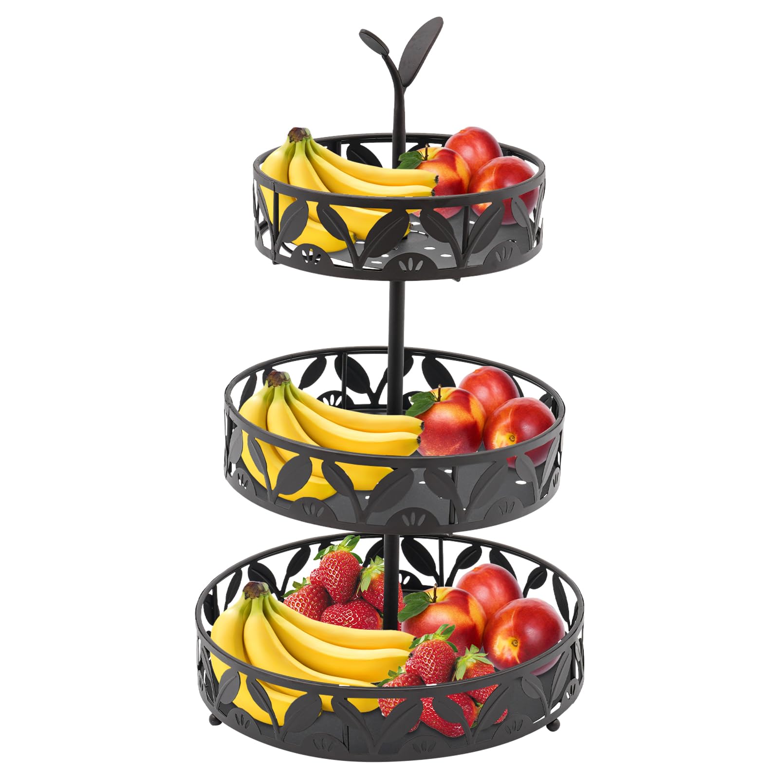 SailorMoon Frutero de 3 niveles, 3 niveles, capacidad de carga de 15 kg, frutero de hierro, práctica cesta de frutas, cesta de verduras para fiestas, bodas y uso en la cocina, color negro