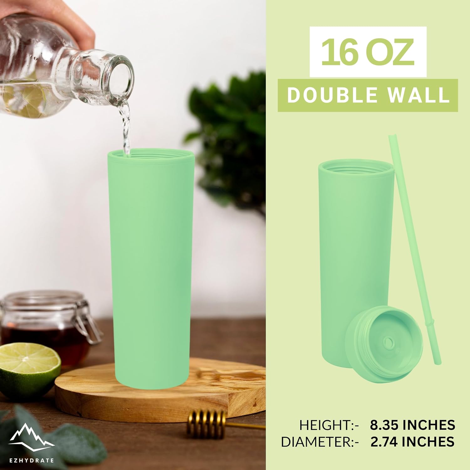 16oz Matte TUMBLER With Straw (1 Pack), Light Green Skinny Tumbler With Lid And Straw, Beach Acrylic Black Cup Double Wall Plastic Tumbler, Bridesmaid Bachelorette Gifts, Free Brush - Image 5