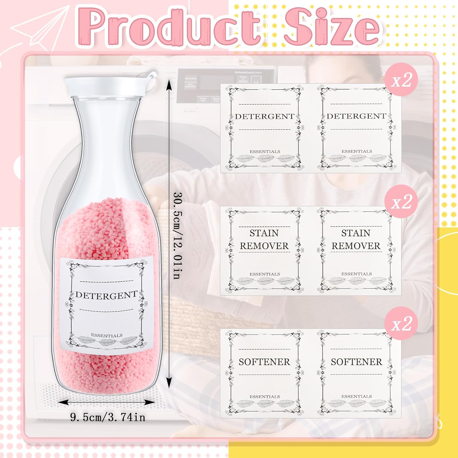 Reallnaive 6 Pcs Laundry Detergent Dispenser 53 oz Laundry Room Organization with 6 Label Liquid Laundry Dispenser Fabric Softener Dispenser Plastic Detergent for Laundry Room Powder