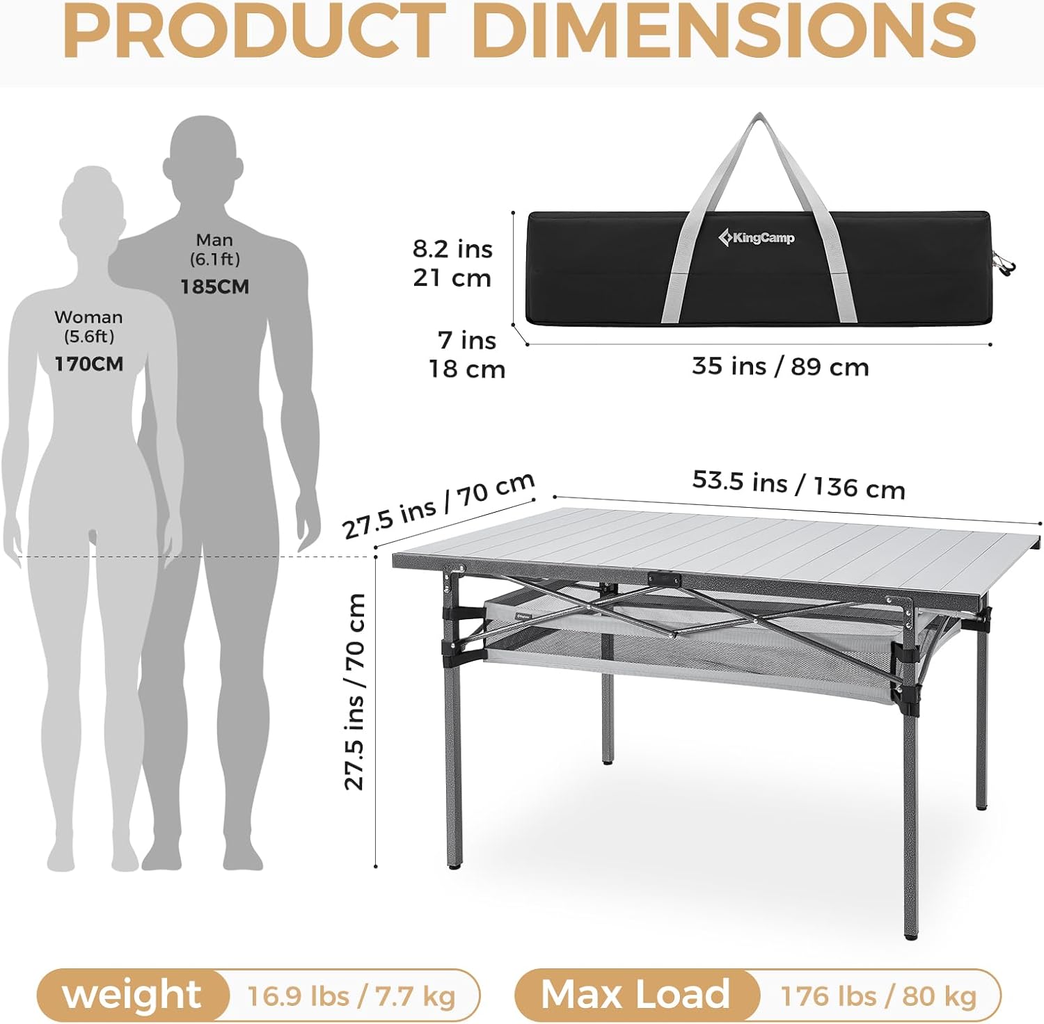 KingCamp Folding Camping Table, Aluminum Roll-Up Camp Table, Large Foldable Table for 6-8 Person, Outdoor Portable Tables with Carry Bag, 180 LBS Heavy Duty Load (Silver+Mesh?53.5" × 27.5") Silver - 53.5"×27.6" - Mesh Extra Large for 6-8 people