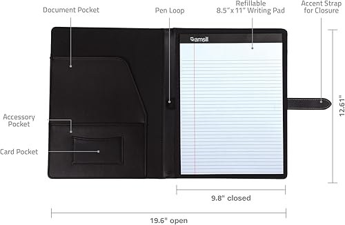 Vista 9 de Samsill Padfolio de cuero con cremallera de punto de contraste, cartera de negocios ligera y elegante para hombres y mujeres, cartera para currículo