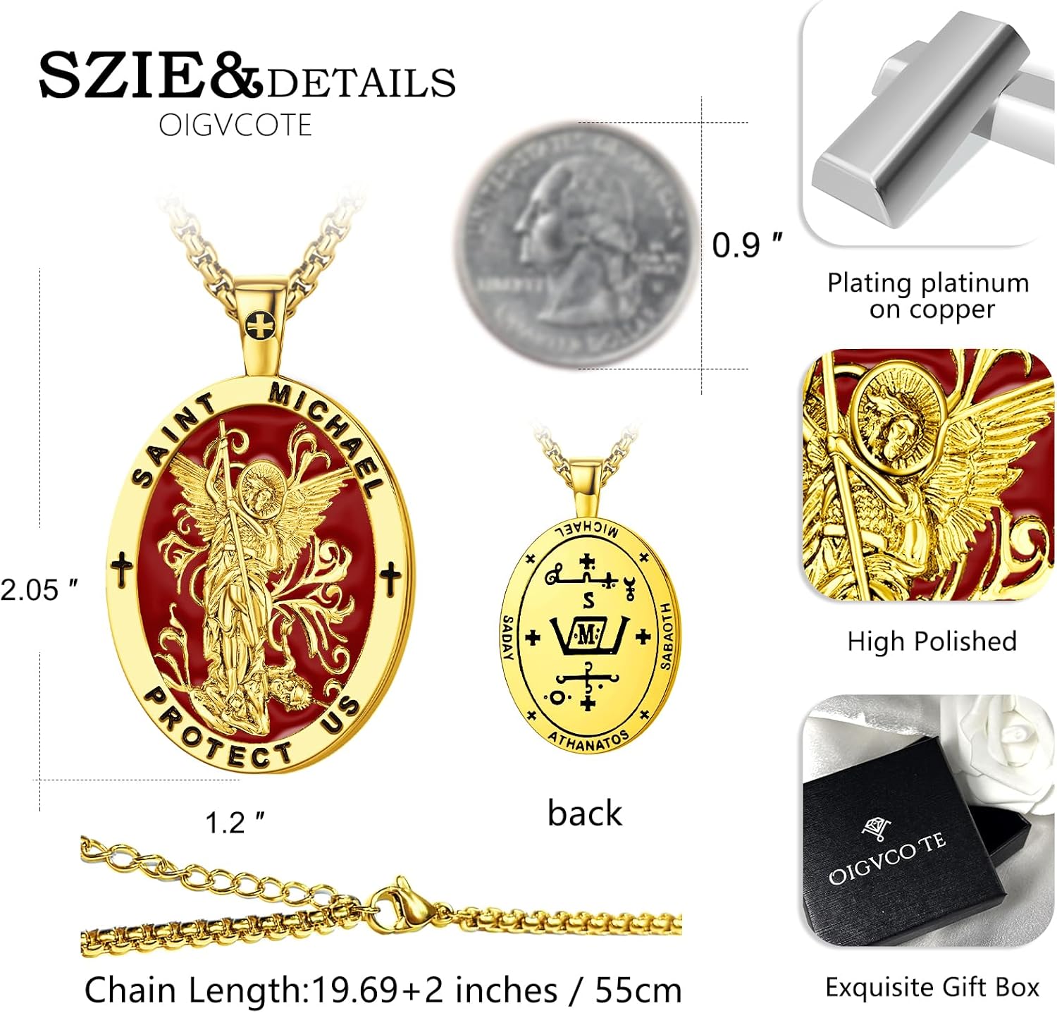 St Michael Pendant Necklace, 24K Gold Plated with Red Enamel, 19.69 Inch Chain, Religious Protection Medal, Oval Shape