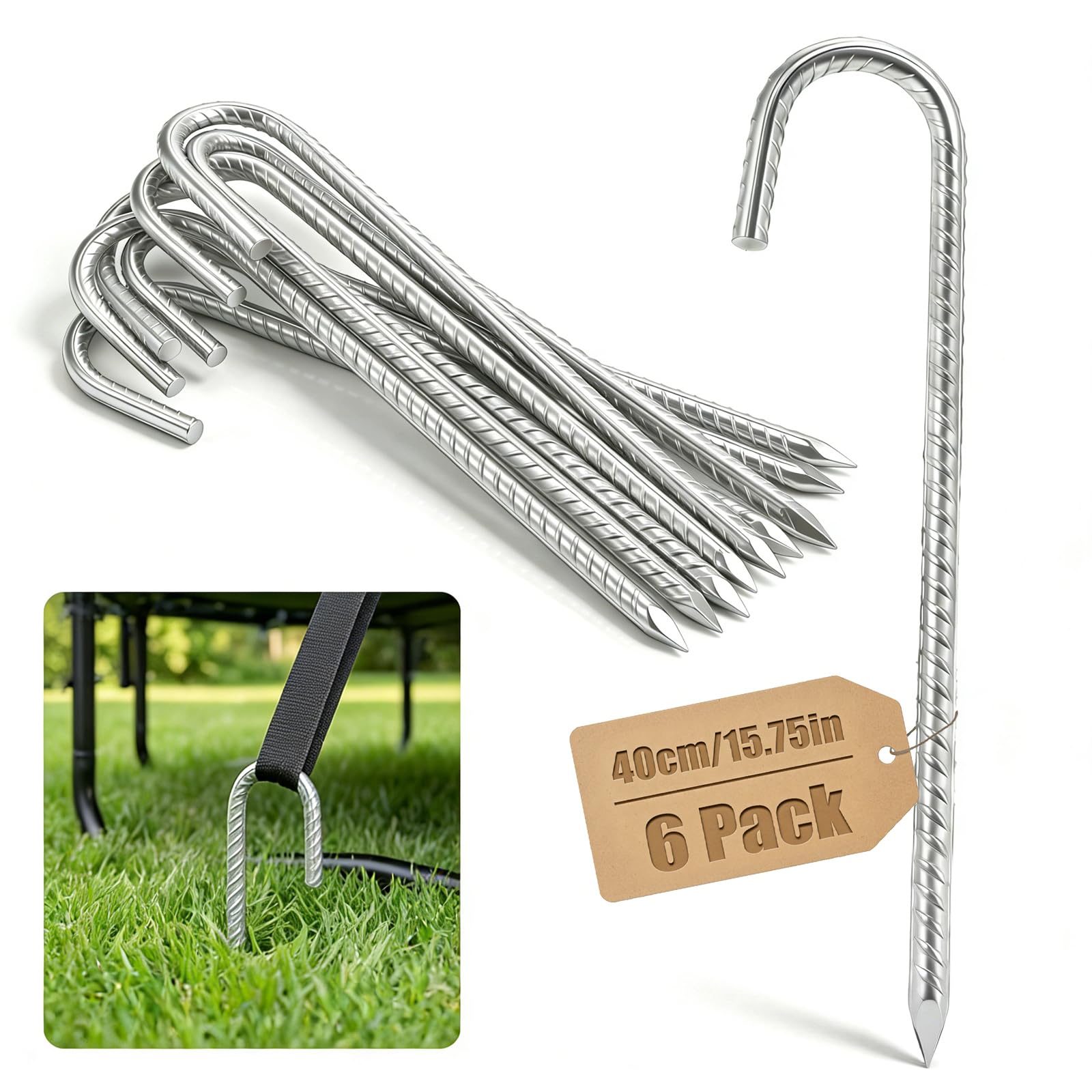 ddckj 6Pcs Tent Pegs Metal Heavy Duty Extra Long Tent Pegs 16 inch J Shaped Galvanised Metal Rebar Stakes for Garden Trampolines Swing Camp Football Net Fences